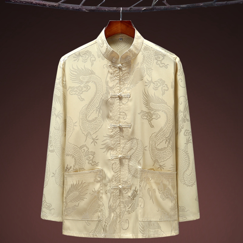 Middle-aged and senior citizens Tang loaded men's long sleeves blouses spring summer grandpa Chinese style collar shirt daddy dress large size for Han clothes