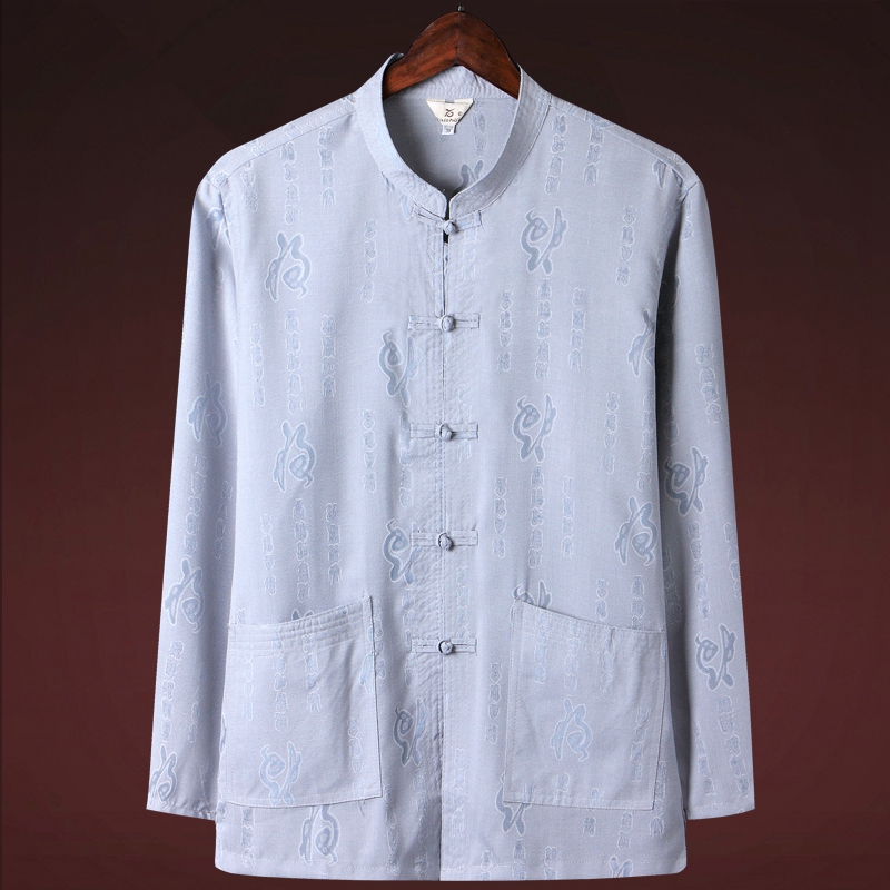 Middle-aged and elderly grandpa summer shirt men's long-sleeved top autumn clothes thin section old man Tang suit shirt dad clothes