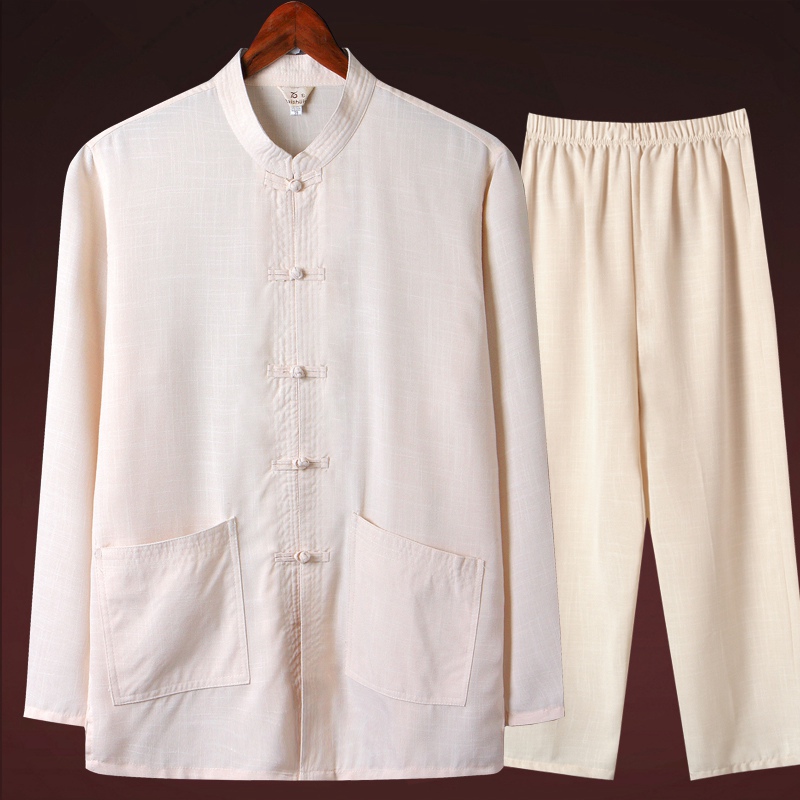 China Wind Tang Dress Men's Clothing Thin Section Middle Aged Linen Daddy Long Sleeve Suit Cotton Numb Grandpa Clothes Spring Summer Clothing