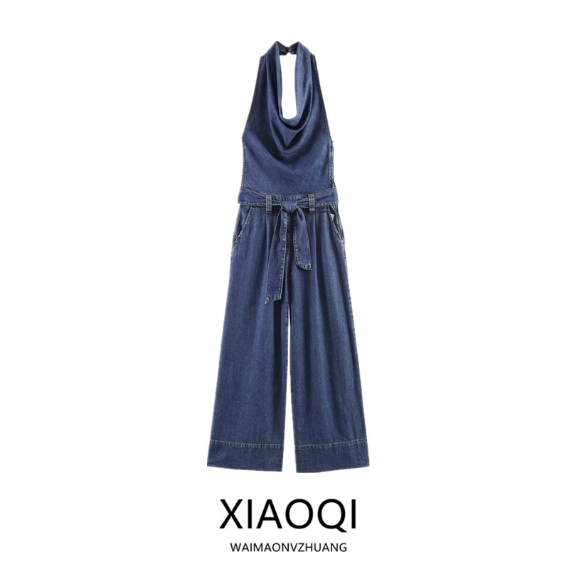 European and American Style 2026 Spring/Summer New Women's Clothing with Belt, Halter Neck, Backless Denim Jumpsuit 7147030