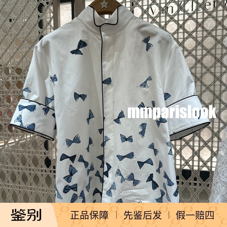 Mmparislook French Purchasing Agent Dior26 New Bow Print Stand Collar Short-Sleeved Shirt