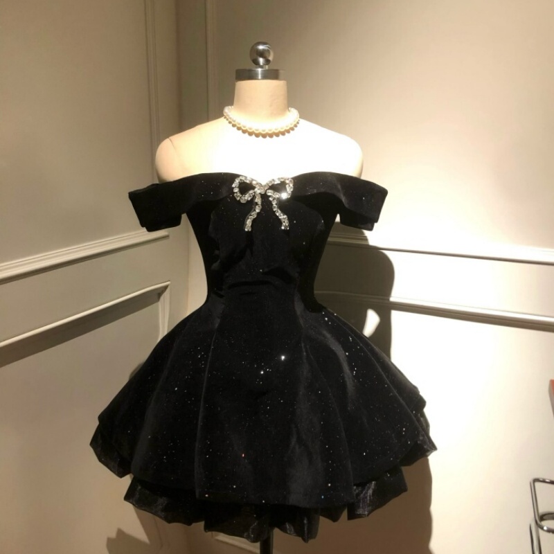 Birthday Party Dress, High-End Light Luxury Niche Princess Tutu Dress, Strapless One-Shoulder Velvet Dress