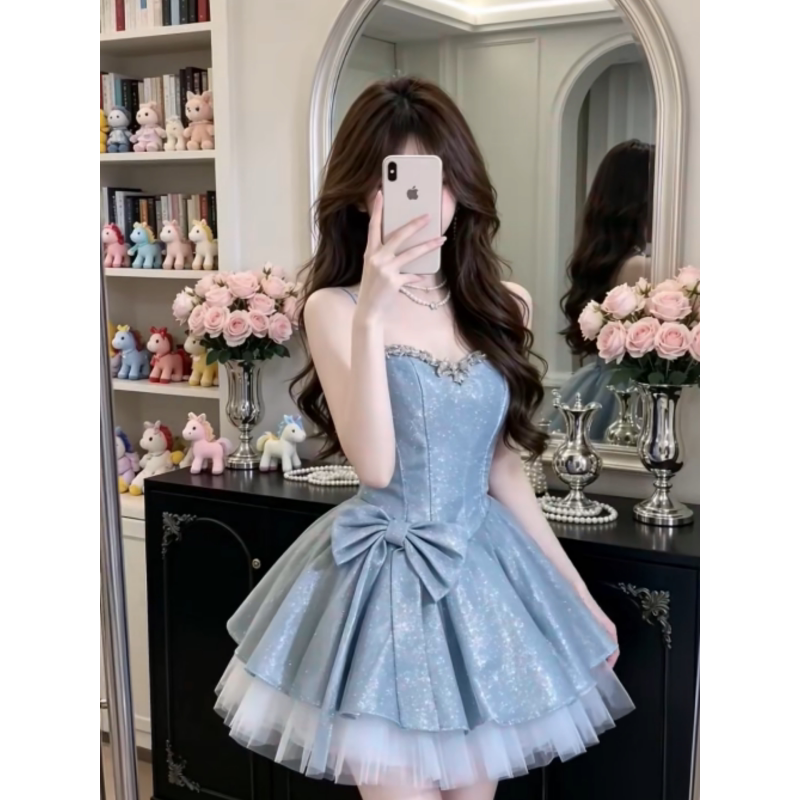 Blue Spaghetti Strap Mini Dress for Female Students, Coming-Of-Age Ceremony, Hosting Annual Meeting, Art Exam, Banquet, Niche Socialite Style