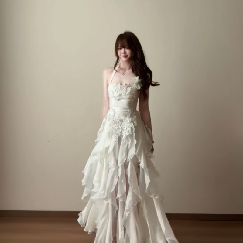 Birthday Dress, Coming-Of-Age Party, French-Style Elegant Dress, Lace Waist-Cinching Mesh Floral Long Dress for Adults