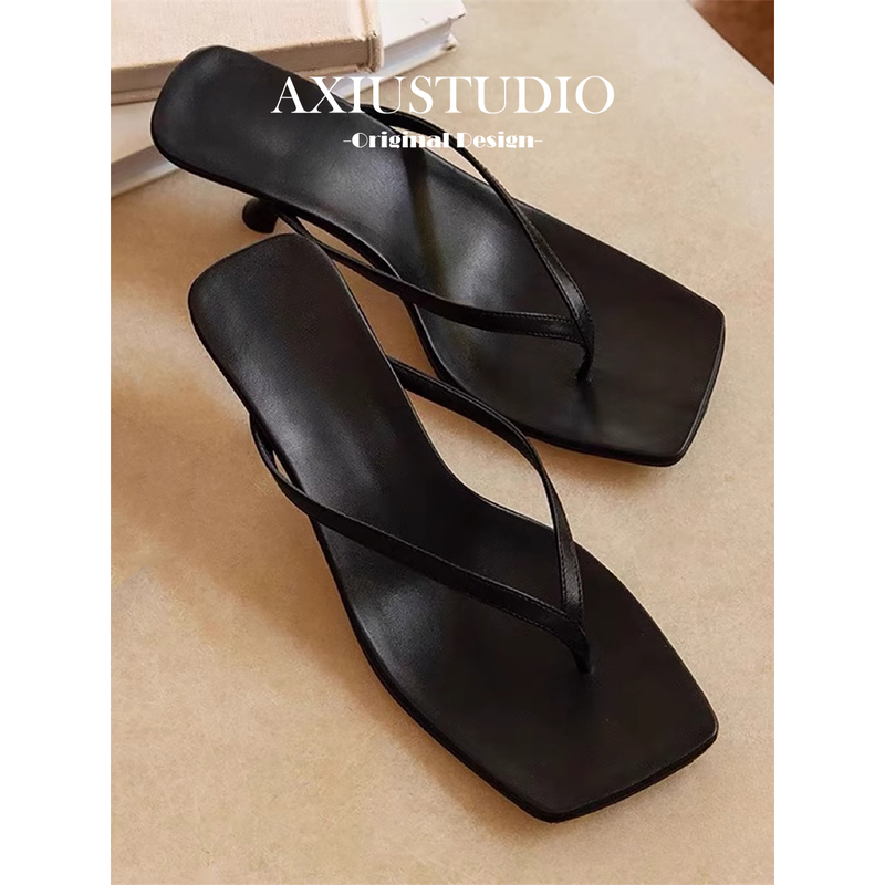 2026 Spring New French Style Square Toe Open Toe Clip-On High Heel Thin Strap Sandals Women's Genuine Leather Kitten Heel Stiletto Herringbone Sandals
