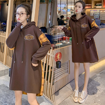 Pregnancy Womens Clothing Fall Collage Plaid with a long section of loose cover in the hood and a large code pregnant woman dress in the late stage