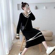 2020 Fall gestational dress Korean version striped sweater long with knee large size loose V collar collared winter upper dress