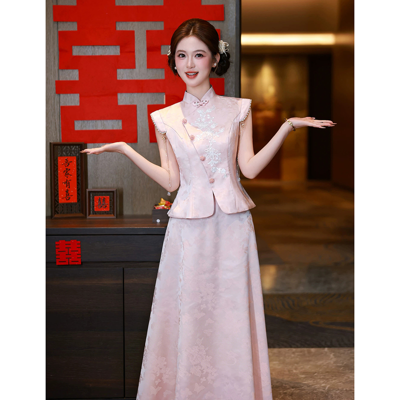 Pink New Chinese-Style Engagement Dress for Women, Light Luxury Niche High-End Cheongsam, Bride's Toast Dress, Homecoming Outfit, Summer