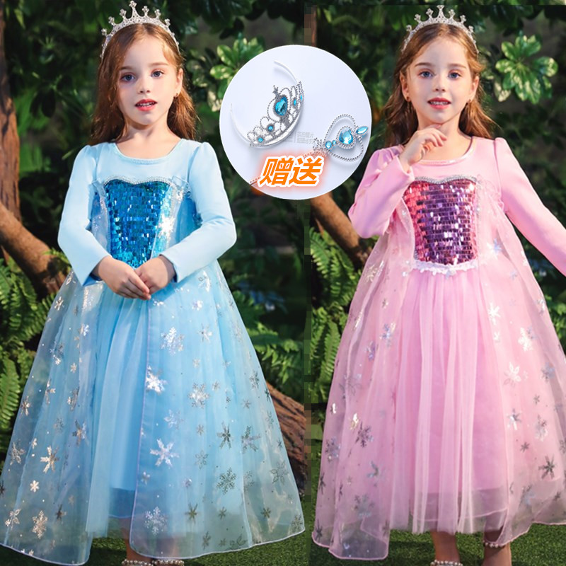 Snow-Snow-Snow-Aisa Princess Aisa Dress Girl Spring and Summer Dress for Long Sleeved Child Super Ocean Dress