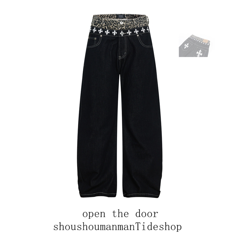 Vintage Patchwork Leopard Print Double Waistband Scimitar Jeans Unisex Loose Trendy Casual Pants American Style Couple Floor-Length Pants