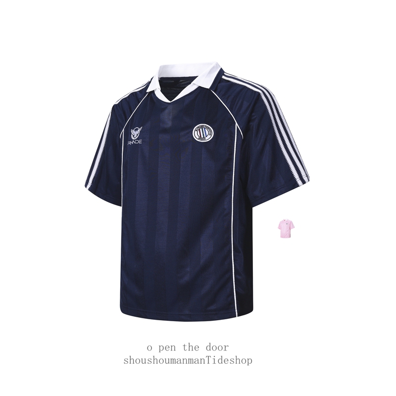 American Retro Contrast Stripesd Short-Sleeved Polo Shirt, Summer Lapel Loose-Fitting Men's and Women's Sports Football Jersey T-Shirt