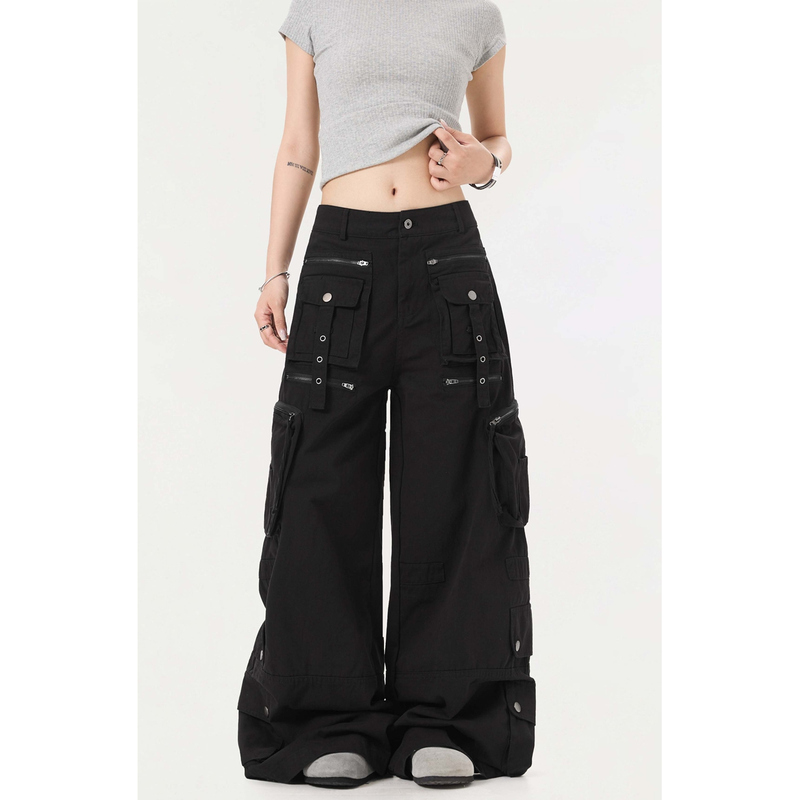 Heavy Metal Style Multi-Pocket Ribbon Paratrooper Casual Pants Hip-Hop Loose Deconstructed Patchwork Wide-Leg Couple Cargo Pants