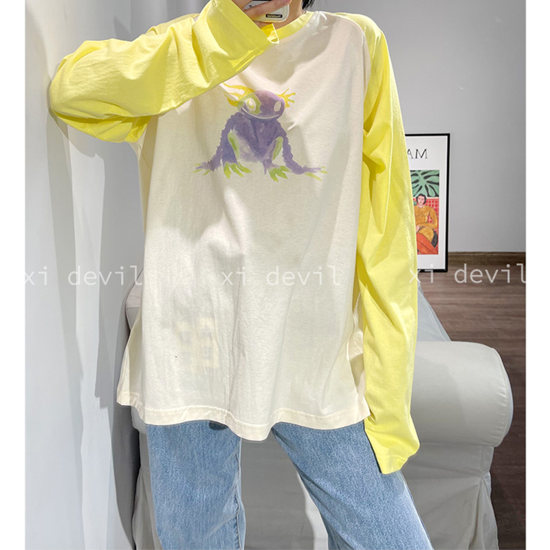 We11 Yang Mi Celebrity Style Little Monster Painted Print Raglan Sleeve Color-Blocking Dopamine Long-Sleeve T-Shirt