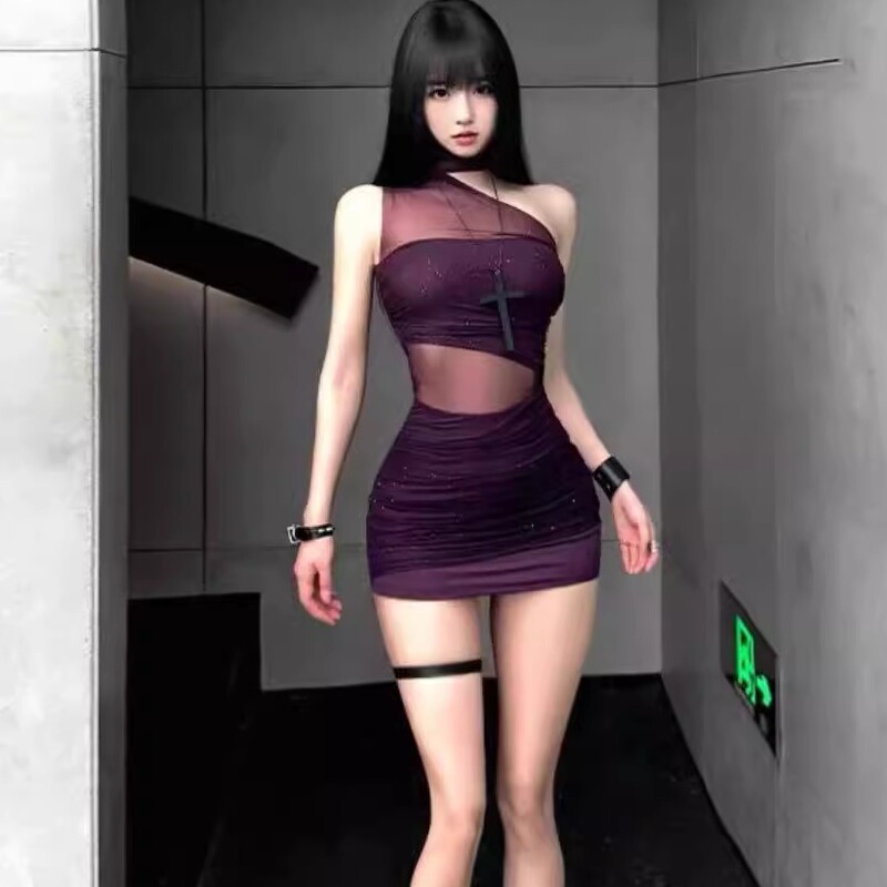 Sexy and Unique Purple Mesh Hollow-Out One-Shoulder Dress with a Beautiful and Distinctive Temperament, Waist-Cinching and Hip-Hugging Short Skirt for Summer