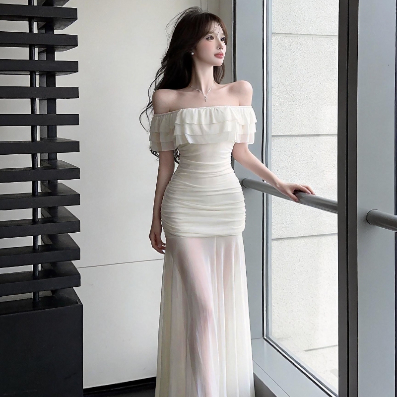 French Resort Style Mesh Patchwork Dress for Women, High-End Pure Desire One-Shoulder Waist-Cinching Slimming Long Dress French Resort Style Mesh Patchwork Dress for Women, High-End Pure Desire One-Shoulder Waist-Cinching Slimming Long Dress