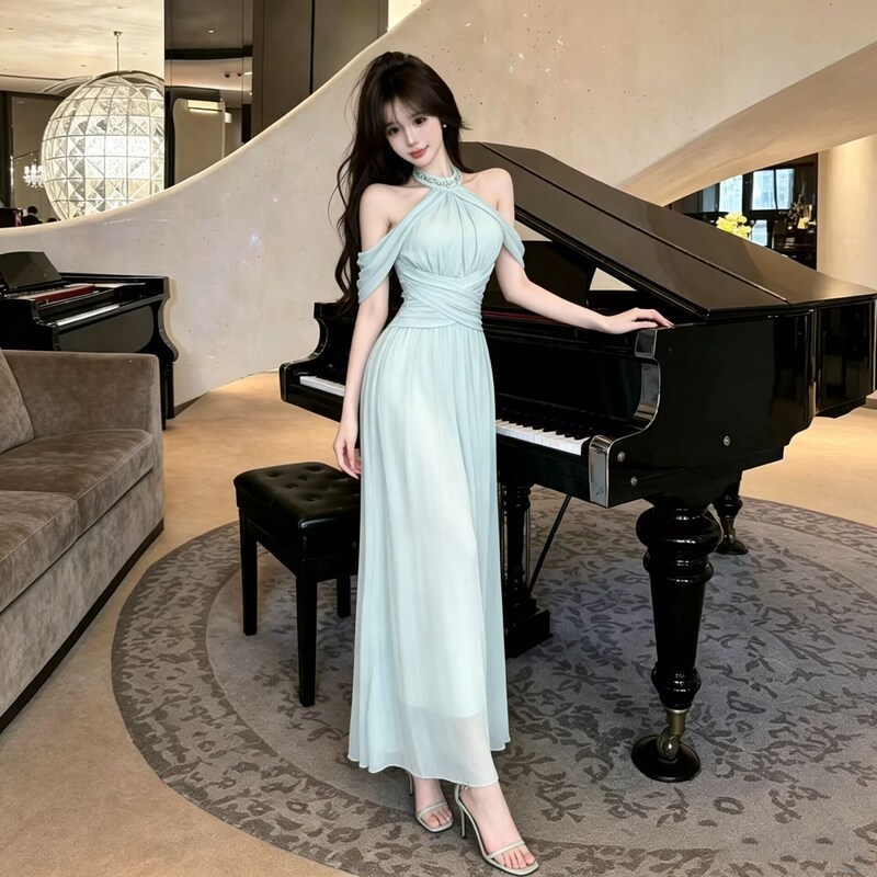 Hepburn-Style French High-End Evening Dress for Women, New Autumn Slim-Fit Mesh Long Dress, Sleeveless Halter Neck Dress Hepburn-Style French High-End Evening Dress for Women, New Autumn Slim-Fit Mesh Long Dress, Sleeveless Halter Neck Dress