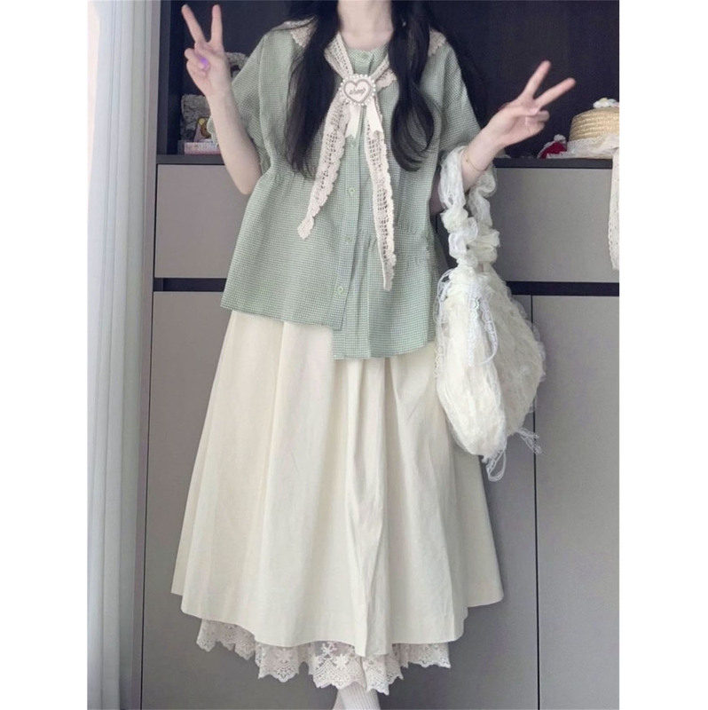 Korean Style Gentle and Relaxed Loose Casual Green Asymmetrical Short-Sleeved Shirt + High-Waisted Skirt Two-Piece Set