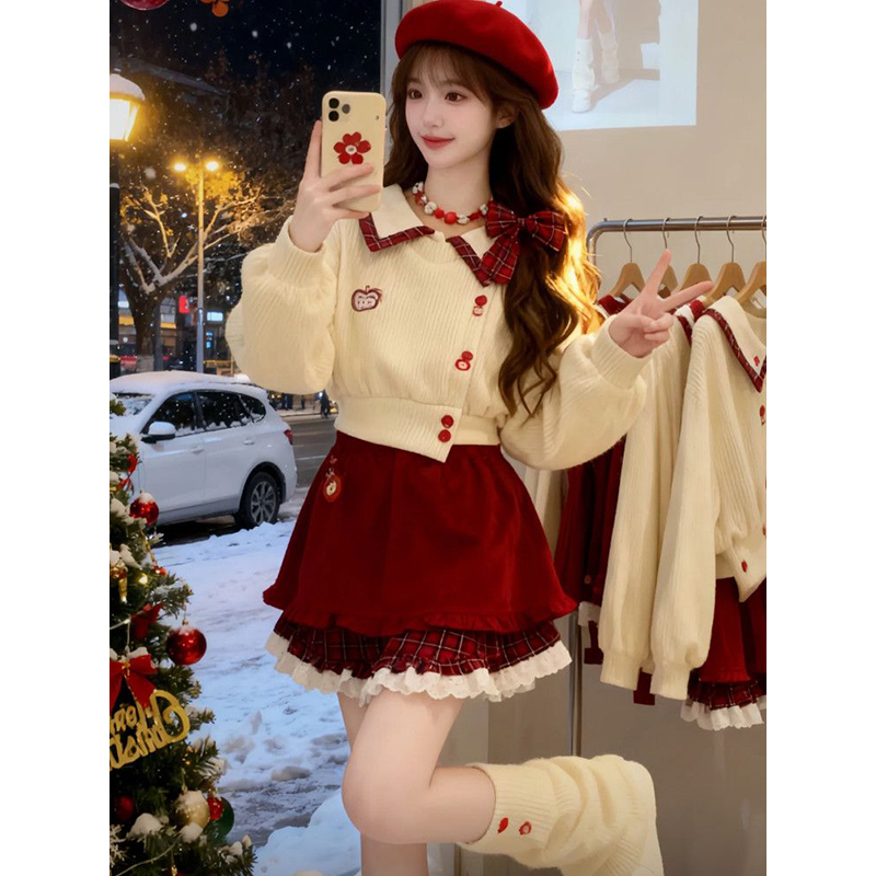 New Gentle and Sweet Style Christmas and New Year Outfit Pullover Short Top + Red Retro Skirt Two-Piece Set