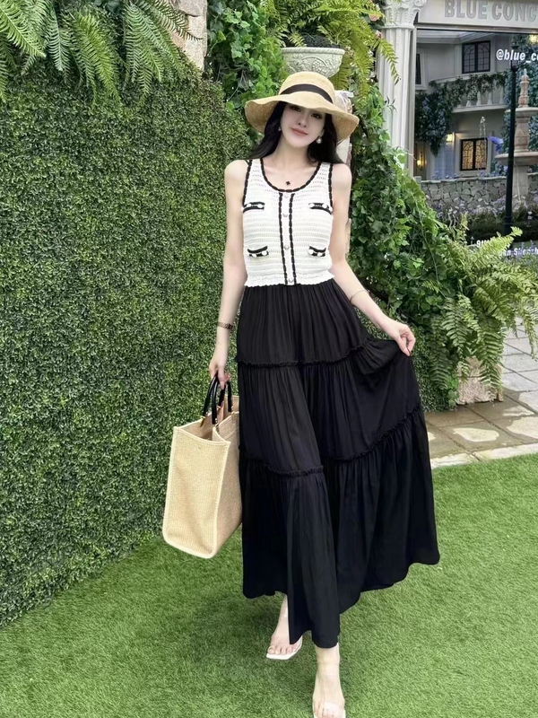European Station 2025 Summer V+.Com Slimming Round Neck Sleeveless Chanel-Style Long Vacation Chic Vest Dress