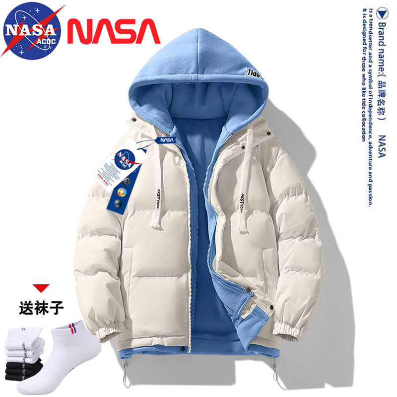 Nasa Trendy Brand down Cotton Jacket for Men, Winter 2025 New Model, Thickened Cotton Coat with Hood, Men's Outerwear
