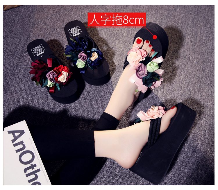 Thời trang hè mùa hè dép cao gót nữ phiên bản Hàn Quốc của hoa handmade đế xuồng dày đế xuồng trượt ngày lễ mang dép đi biển và dép lê - Dép dép quai hậu nữ 2021
