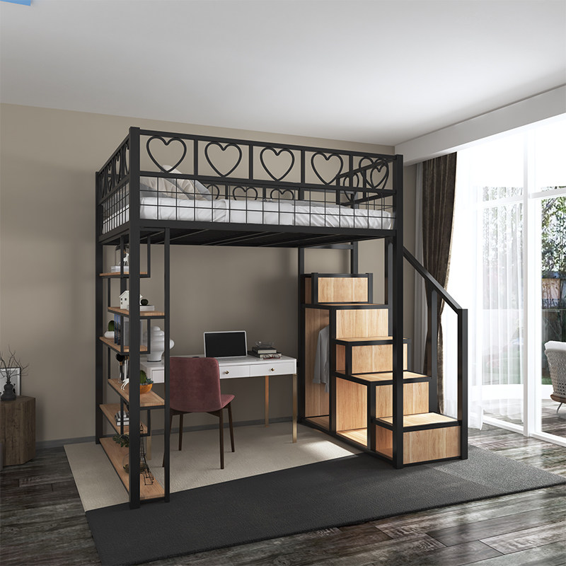 Nordic Iron Art Going to Bed with Table Elevated Bed Small House Duplex Two-floor Up and Down Iron Rocket Bed