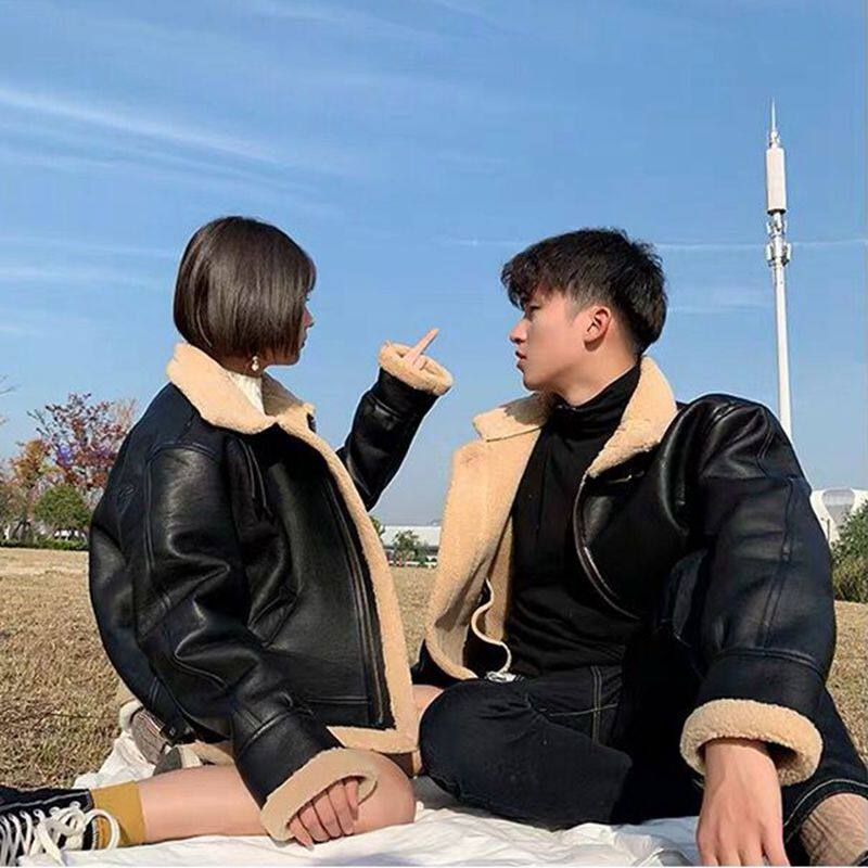 Lamb fur integrated Male Thickened Casual Couple Jacket Winter Clothing Stand Collar Bungled Cotton Jacket Plus Suede Locomotive Suit Leather Jacket