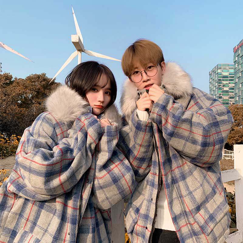 Winter dress plus fluff collar jacket lovers thickened warmth Cotton Clothing 2021 New Cotton Padded Jacket Retro Plaid Cotton Suit Man