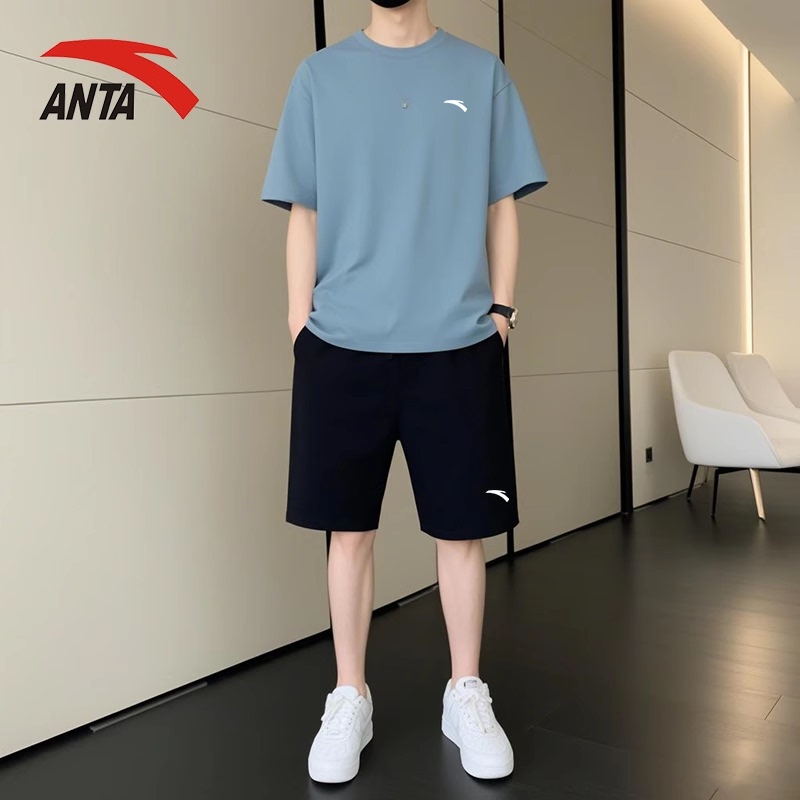 Anta Sports Suit Men's Summer Ice Silk Short-Sleeved Shorts Quick-Drying Two-Piece Set Pure Color Loose Running Fitness Men's Clothing
