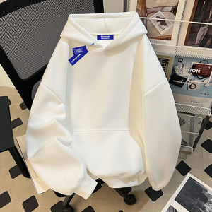 Wassup Chinese Style Loose White Heavyweight Hooded Sweatshirt for Men, New Spring and Autumn Couple Pullover Basic Top