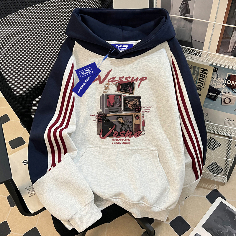 Wassup Heavyweight American Retro Couple Hoodies, New Spring and Autumn Loose Patchwork Color-Block Three-Stripe Sweatshirt for Men