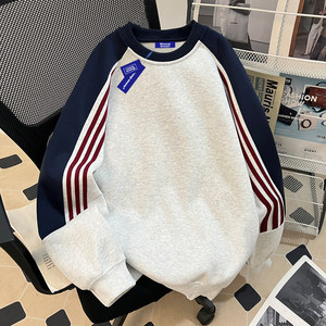Wassup American Style Three-Stripe Patchwork Color-Block Crewneck Sweatshirt for Men 2026 New Loose Heavyweight Autumn Top Trendy