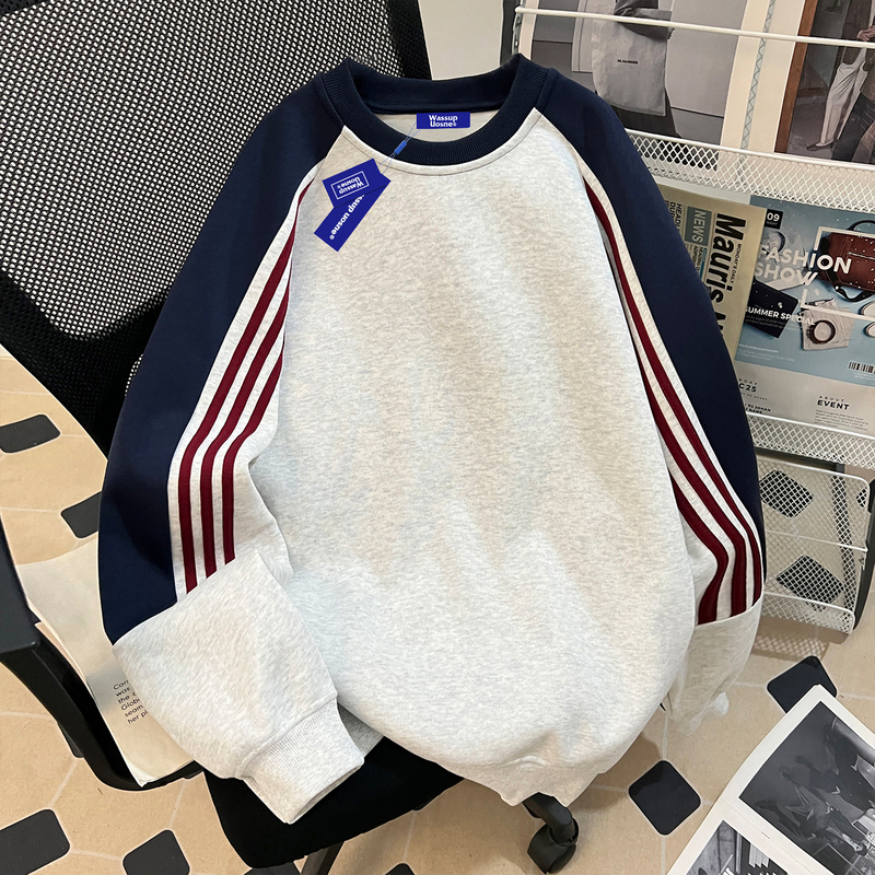 Wassup American Style Three-Stripe Patchwork Color-Block Crewneck Sweatshirt for Men 2026 New Loose Heavyweight Autumn Top Trendy Wassup American Style Three-Stripe Patchwork Color-Block Crewneck Sweatshirt for Men 2026 New Loose Heavyweight Autumn Top Trendy