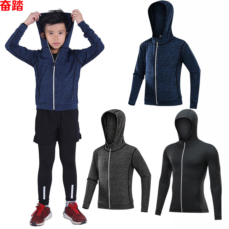 Male sport tight clothing jacket with cap long sleeve fitness suit black reflective pull chain polyester fiber thin and large