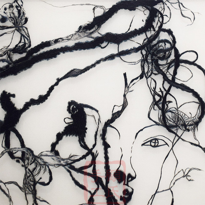 Вышивка Сучжоу 80*80顾氏手工苏绣水墨人物美女图 抽象刺绣人物肖像图书房过道画