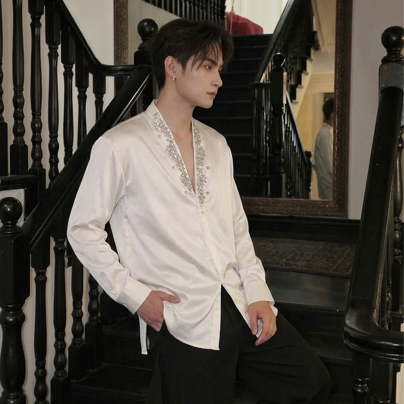 Shangjie Design Men's Shirt White Men's Summer Thin Dress Shirt Performance Boy Group Series Stage Outfit