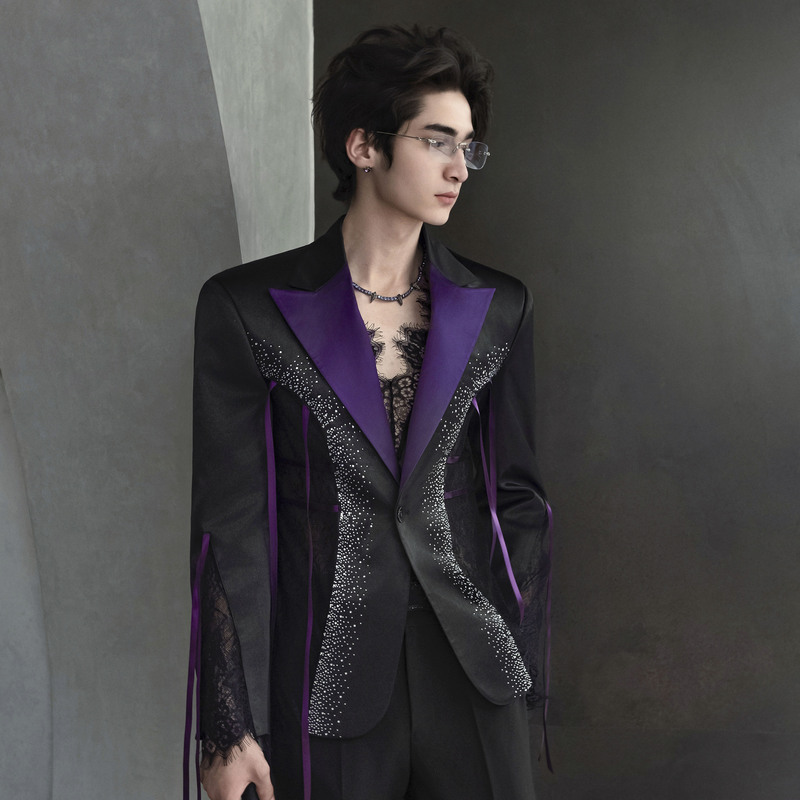 Shangjie Design Black and Purple Suit Male Group Performance Outfit Series Suit with Rhinestones Slim Fit Stage Original Design Shangjie Design Black and Purple Suit Male Group Performance Outfit Series Suit with Rhinestones Slim Fit Stage Original Design