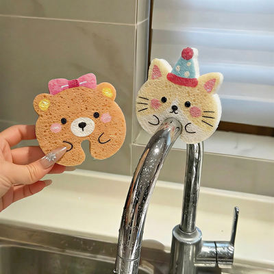 Cartoon cute dishwashing sponge, kitchen cleaning, dishwashing and scrubbing special thickened water-absorbing compressed wood pulp cotton magic wipe