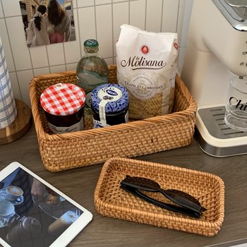 Retro rattan storage basket ins desktop storage box rectangular cosmetics finishing box tea table miscellaneous storage basket