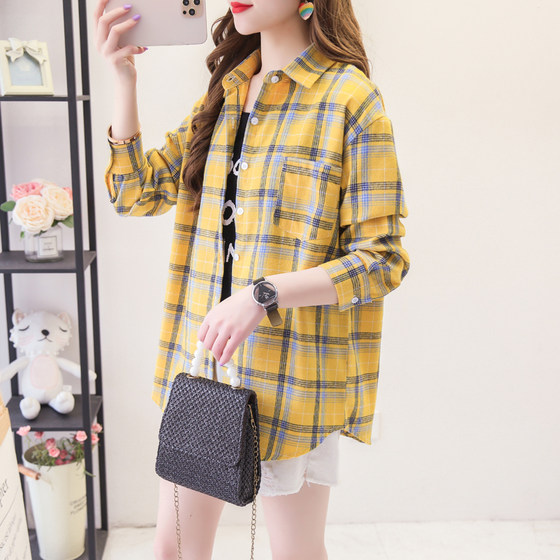 2021 Spring and Autumn Brushed Korean Style Loose Casual Plaid Shirt Women's Long Sleeve Versatile Student Shirt Top Jacket Cotton