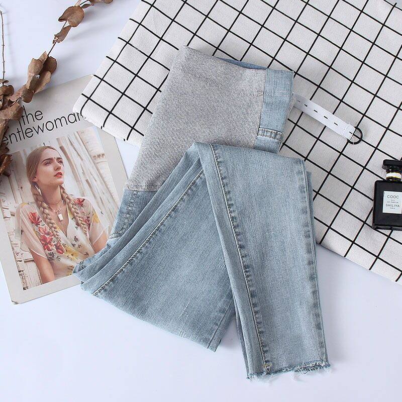 Pregnant woman pants jeans fall outside wearing light-coloured smoke pipe pants spring autumn and small subs 90% winter plus suede thickened