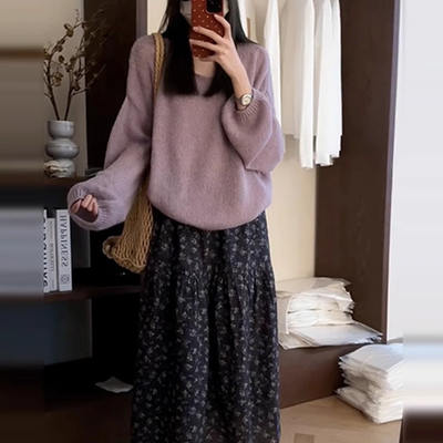 Korean petite purple sweater women's early spring outfit 2025 new style laid-back, high-end loose long-sleeved top