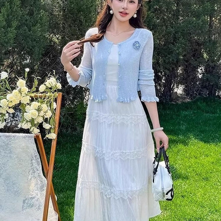 French-Style Gentle White Spaghetti Strap Dress Paired with a Sun-Protective Knitted Cardigan, 2025 Autumn Slimming Two-Piece Set