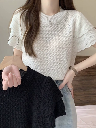 Женская одежда больших размеров, лето 2024, новый стиль Fat Sister, облегающие и облегающие вязаные топы с круглым вырезом и короткими рукавами для женщин