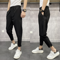 Summer solid color casual mens pants new pleated harem pants social spirit guy cotton and linen pencil pants