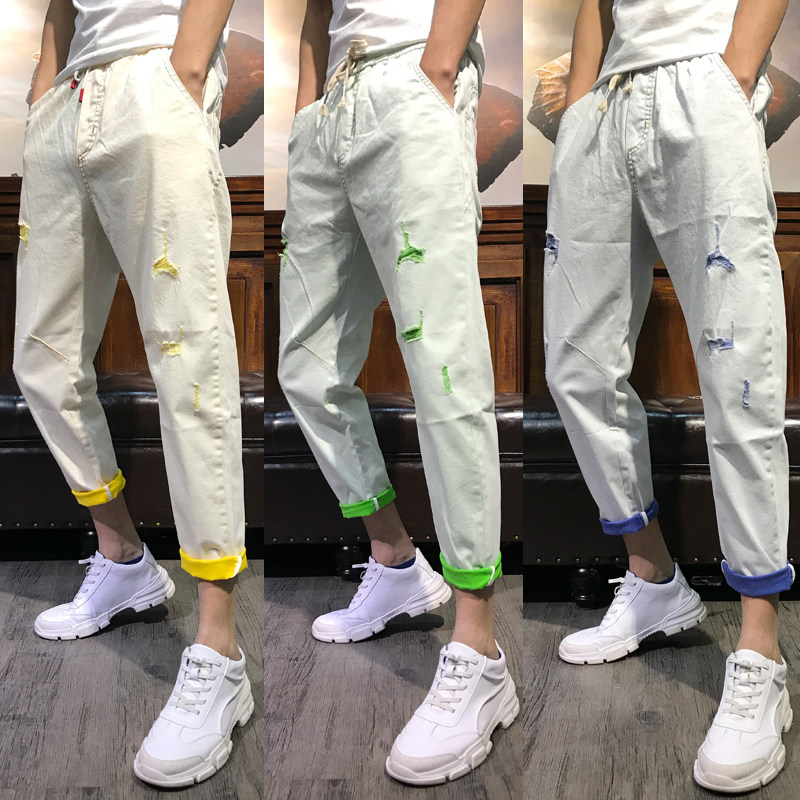 Fast hands with the same men's ripped beggar jeans trend loose national trend Dad pants social guy nine-point pants thin