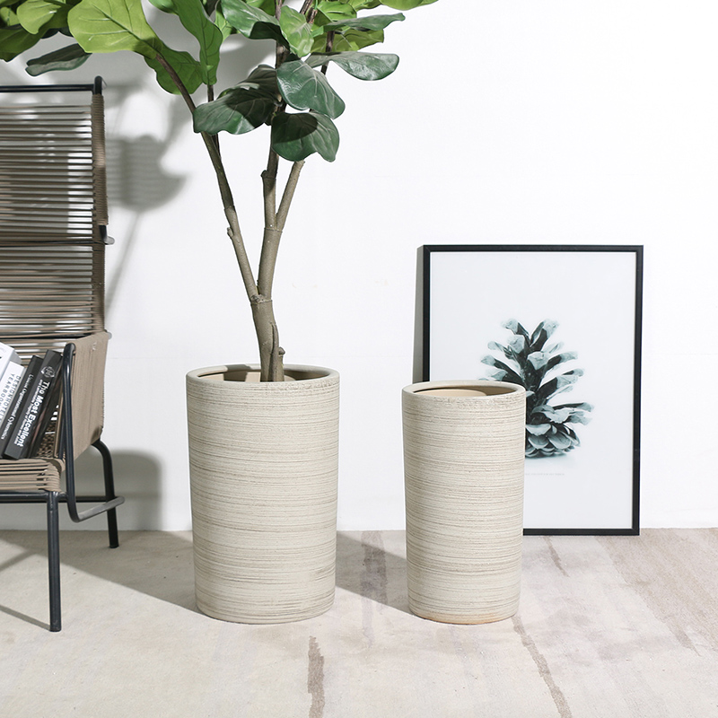 Tall cylinder ceramic simulation green plant flowerpot extra large balcony high foot high deep super large rough pottery breathable Nordic simple
