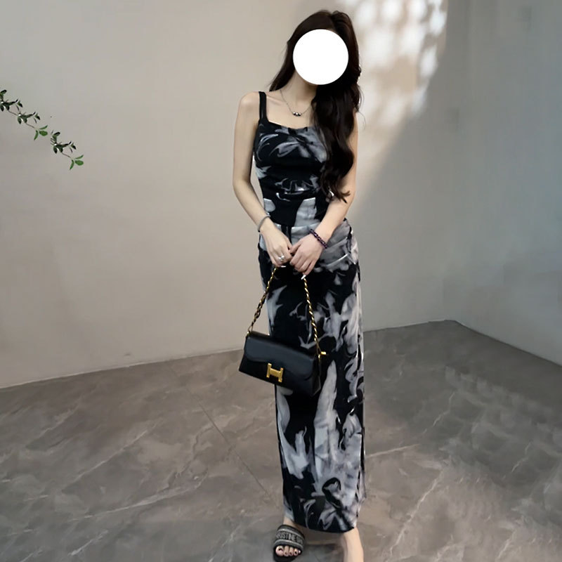 Summer Ink Wash Gauze Spaghetti Strap Dress for Women 2026 New Style Light Luxury High-End Feel Slit Bodycon Hip-Hugging Long Dress