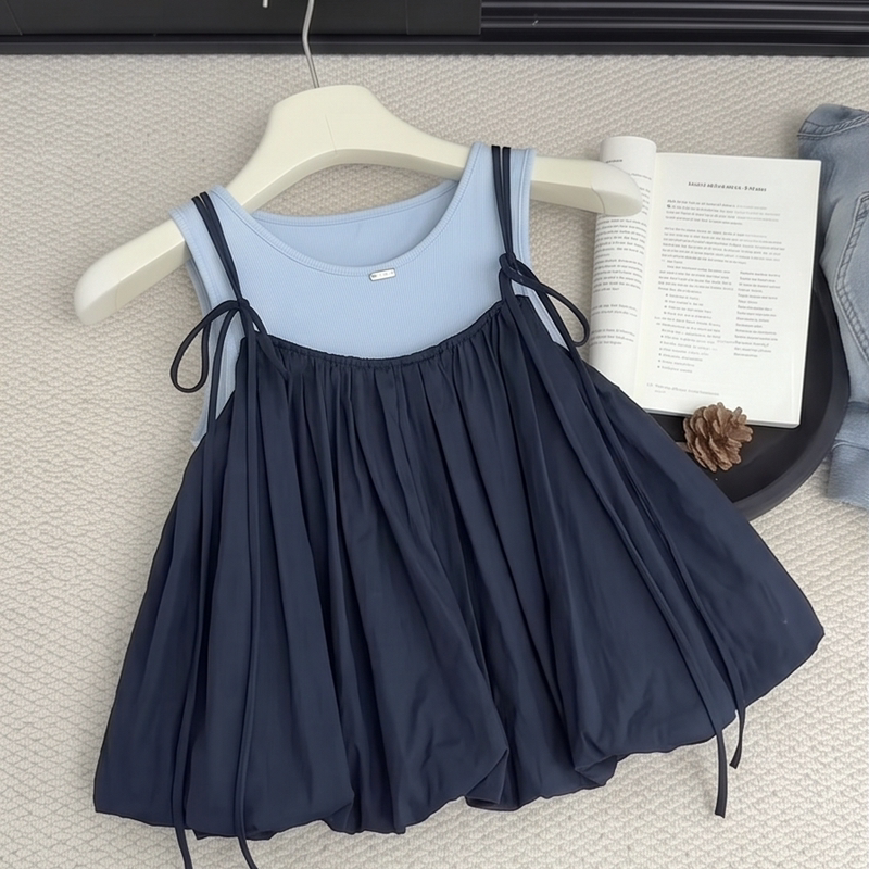 Super Flattering~ Korean-Style Navy Blue Off-Shoulder Camisole Layered Tank Top Two-Piece Set for Women, Summer Design, Versatile Top