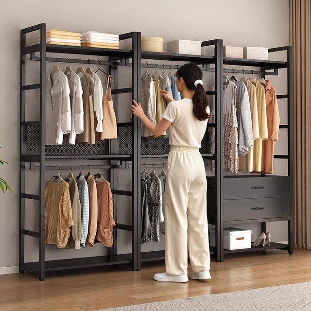 Open metal wardrobe frame bedroom floor hanging clothes rack 2025 new walk-in closet assembly shelf